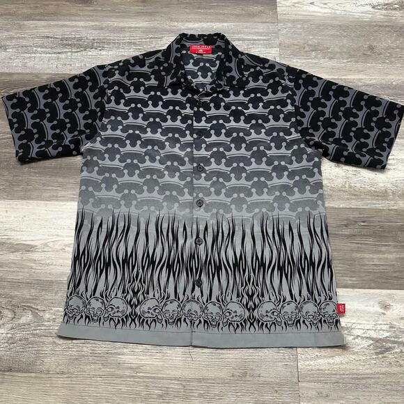 Vintage 90s JNCO‎ Jeans Skull Flame Crown AOP Black Mens M Button Up Shirt - Picture 1 of 10